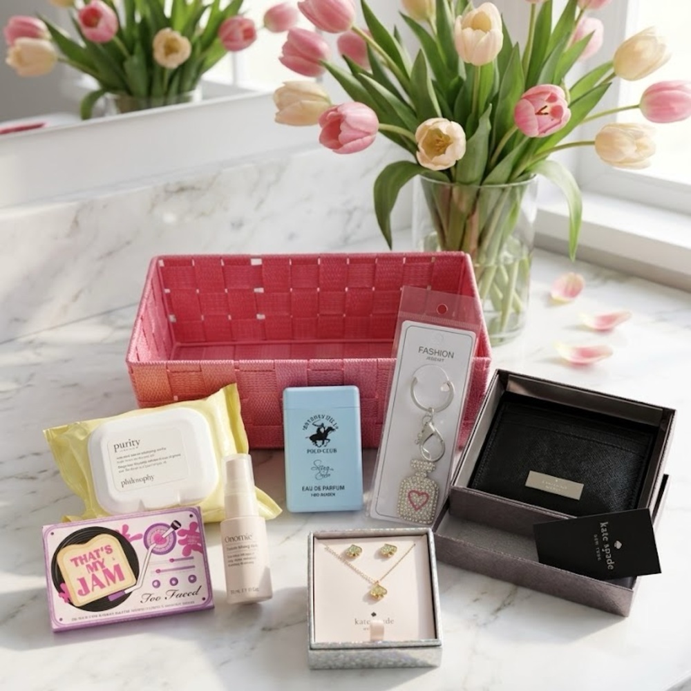 NWT KATE SPADE  Pink and Gold Jewelry, Card Holder & Makeup Gift Set